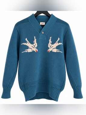 Sandrine vintage sweater. Men's Teal V-Neck Sweater with Bird Design